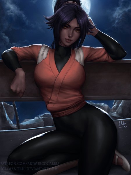 Anime-Bild 1650x2200 mit bleach studio pierrot shihouin yoruichi sciamano240 single long hair tall image looking at viewer fringe breasts light erotic black hair large breasts sitting signed yellow eyes payot cloud (clouds) outdoors ponytail