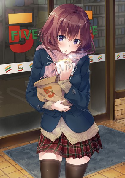 Anime picture 2543x3624 with original unasaka ryou single long hair tall image looking at viewer blush fringe highres open mouth hair between eyes brown hair standing purple eyes holding long sleeves pleated skirt :o zettai ryouiki plaid skirt
