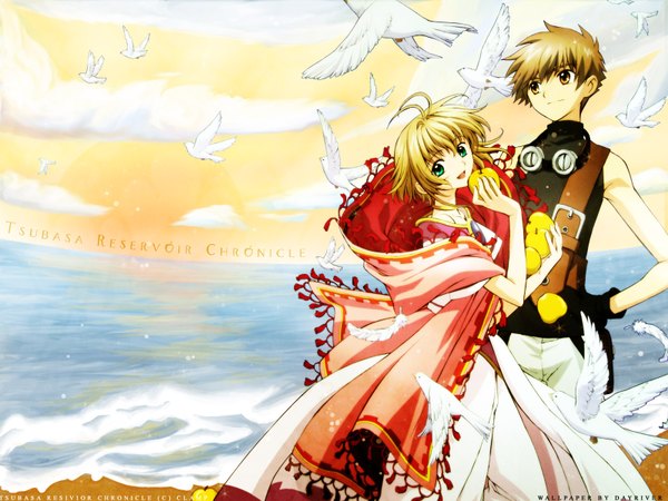 Anime picture 1600x1200 with tsubasa reservoir chronicle clamp sakura hime syaoran looking at viewer short hair brown hair brown eyes green eyes looking away ahoge wallpaper sleeveless copyright name goggles around neck flock girl boy animal bird (birds)