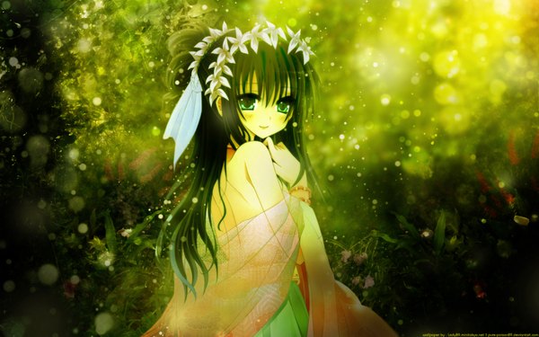 Anime picture 1920x1200 with pure-poison89 single long hair blush highres black hair smile wide image bare shoulders green eyes looking back hair flower light girl dress hair ornament