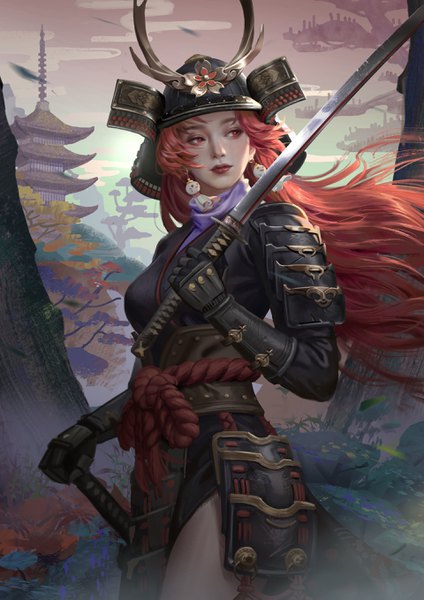 Anime picture 1920x2716 with original hou china single long hair tall image highres red eyes standing holding looking away sky cloud (clouds) outdoors red hair wind realistic lipstick red lipstick samurai girl