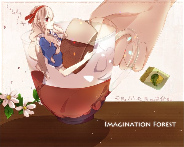Anime picture 2000x1600 with kagerou project shaft (studio) mary (kagerou project) hiiro (artist) single long hair looking at viewer highres blonde hair red eyes profile minigirl girl flower (flowers) ribbon (ribbons) hair ribbon cup musical note hands tea