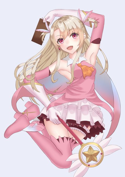 イラスト 2508x3541 と Fateシリーズ プリズマ☆イリヤ イリヤスフィール・フォン・アインツベルン prisma illya マジカルルビー 笠立しわす ソロ 長髪 長身像 カメラ目線 highres 金髪 simple background 白背景 payot ピンク目 armpit (armpits) ツーサイドアップ sleeveless jumping