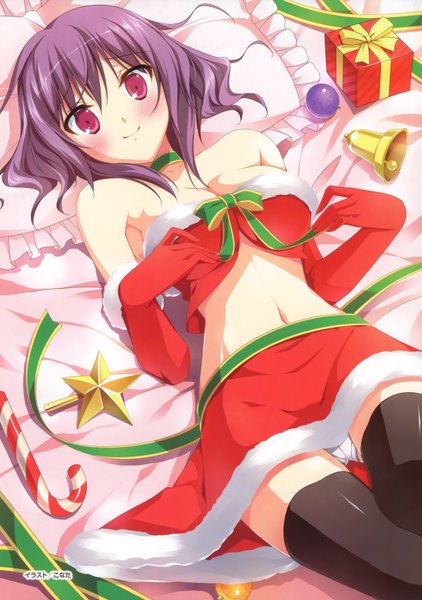 Anime picture 2463x3500 with original mogami noa tall image looking at viewer blush highres short hair light erotic smile red eyes bare shoulders purple hair lying girl thighhighs skirt gloves navel underwear panties