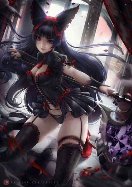 Anime picture 3532x5000 with gate - jieitai ka no chi nite kaku tatakaeri a-1 pictures rory mercury axsen single long hair tall image looking at viewer fringe highres breasts light erotic black hair large breasts holding signed payot absurdres cleavage full body