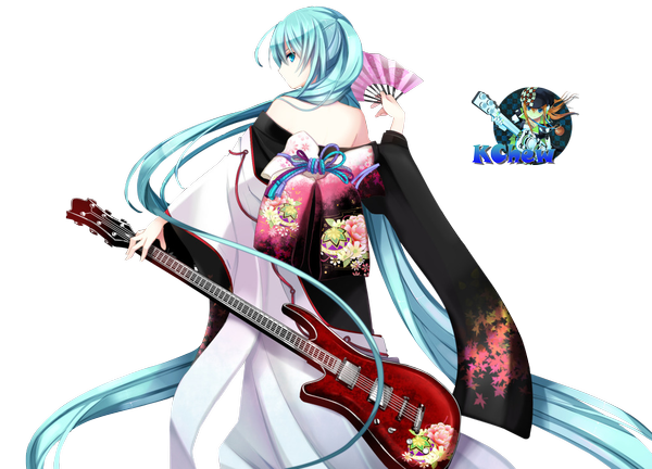 Anime picture 1023x738 with vocaloid hatsune miku single long hair looking at viewer bare shoulders traditional clothes japanese clothes looking back aqua eyes aqua hair transparent background girl kimono fan guitar bass guitar