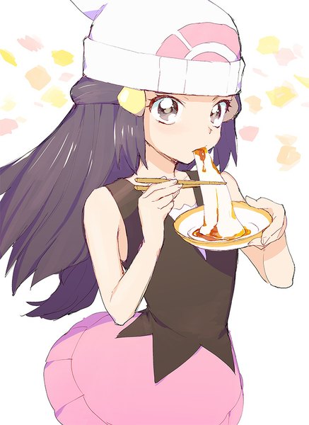 Anime picture 650x891 with pokemon pokemon dppt nintendo dawn (pokemon) kurochiroko single long hair tall image looking at viewer black hair white background bare shoulders black eyes eating girl hair ornament food hairclip cap wagashi