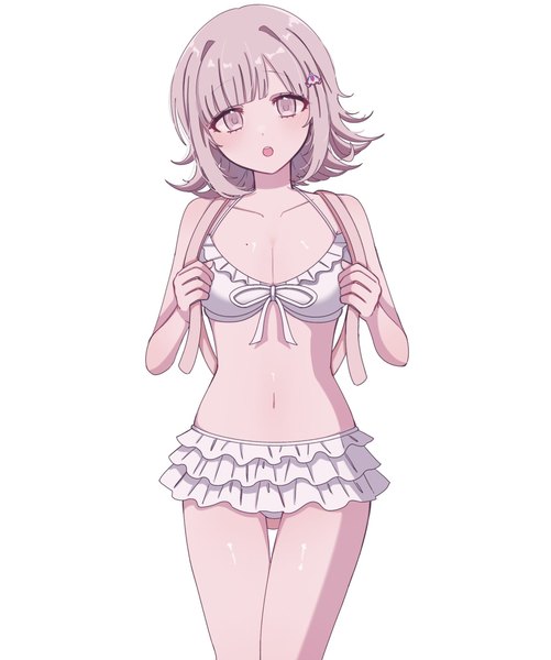 Anime picture 1710x2048 with dangan ronpa super dangan ronpa 2 nanami chiaki chi gu single tall image looking at viewer fringe highres short hair breasts light erotic simple background standing white background pink hair blunt bangs head tilt pink eyes bare belly