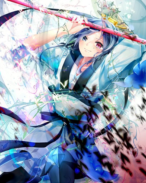 Anime picture 800x1000 with magi the labyrinth of magic a-1 pictures ren hakuryuu luna mary single tall image looking at viewer fringe short hair smile holding blue hair traditional clothes tears heterochromia crying boy ribbon (ribbons) plant (plants) crystal