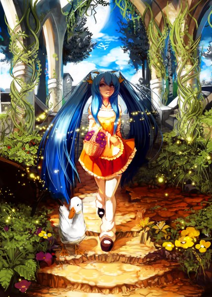 Anime picture 1200x1677 with original vsri long hair tall image smile purple eyes twintails blue hair sky cloud (clouds) girl dress flower (flowers) plant (plants) animal bird (birds) pendant apron clock pillar