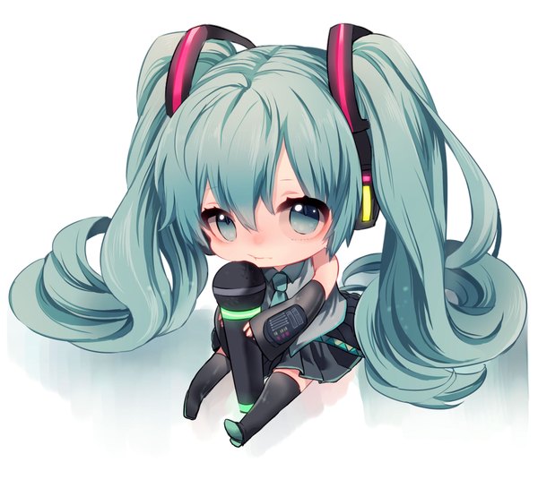 Anime picture 2000x1818 with vocaloid hatsune miku mihatarou single looking at viewer fringe highres sitting twintails holding very long hair aqua eyes aqua hair wide sleeves zettai ryouiki chibi girl detached sleeves shirt necktie