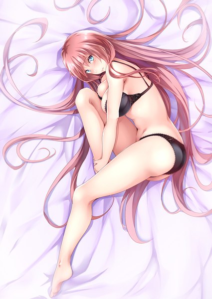 Anime picture 800x1129 with vocaloid megurine luka bit (keikou syrup) single tall image looking at viewer blush fringe breasts light erotic large breasts pink hair bent knee (knees) lying very long hair head tilt barefoot aqua eyes from above bare legs