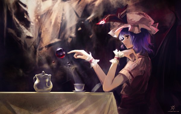 Anime picture 1280x808 with touhou remilia scarlet jq short hair red eyes purple hair bat wings girl gloves hat bubble (bubbles) table cup teapot