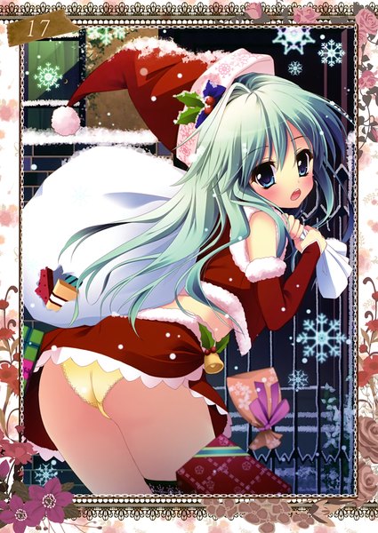 Anime picture 2482x3500 with prismatic world (artbook) shiramori yuse single long hair tall image blush highres open mouth blue eyes light erotic bare shoulders blue hair ass looking back scan snowing christmas winter upskirt girl