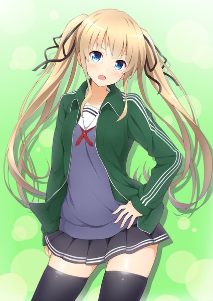 Anime picture 716x1010 with saenai heroine no sodatekata a-1 pictures sawamura spencer eriri jampen single long hair tall image looking at viewer blush open mouth blue eyes blonde hair twintails payot open jacket zettai ryouiki hand on hip green background girl thighhighs