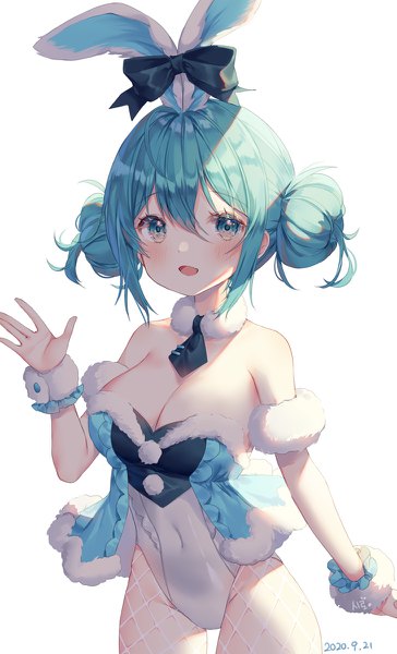 Anime picture 728x1200 with vocaloid hatsune miku bicute bunnies miku shiro albino single tall image looking at viewer blush fringe short hair breasts light erotic simple background hair between eyes large breasts white background animal ears payot cleavage aqua eyes