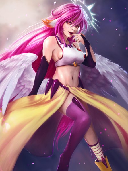 Anime picture 1280x1707 with no game no life madhouse jibril (no game no life) shobey1kanoby single long hair tall image looking at viewer fringe breasts light erotic pink hair bent knee (knees) lips midriff orange eyes groin finger to mouth white wings low wings