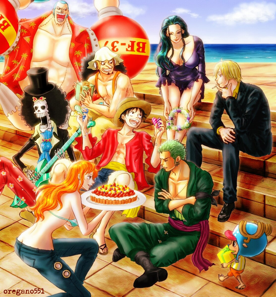 Anime picture 1113x1200 with one piece toei animation nami (one piece) monkey d. luffy nico robin roronoa zoro sanji tony tony chopper usopp franky brook (one piece) oregano551 long hair tall image fringe short hair breasts open mouth light erotic black hair