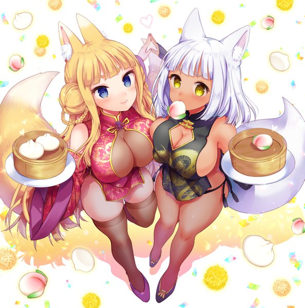 Anime picture 1347x1362 with original miyano ururu long hair tall image looking at viewer blush fringe short hair breasts blue eyes light erotic blonde hair large breasts standing bare shoulders multiple girls holding animal ears yellow eyes payot