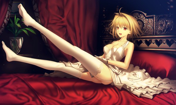 Anime picture 4096x2457 with shingetsutan tsukihime type-moon arcueid brunestud nanotaro single highres short hair breasts open mouth light erotic blonde hair red eyes wide image absurdres legs girl thighhighs dress white thighhighs white dress