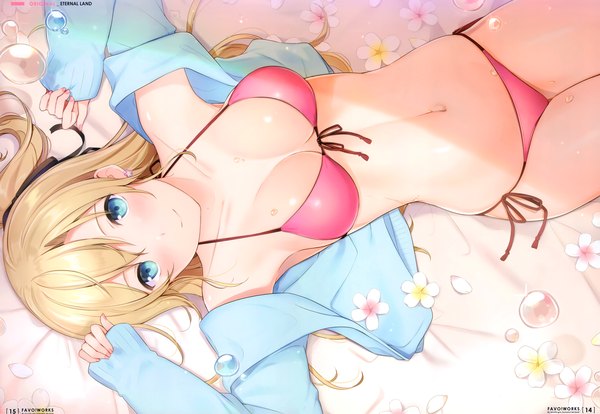 Anime picture 4875x3368 with original 6u (eternal land) single long hair blush fringe highres breasts blue eyes light erotic blonde hair smile hair between eyes signed absurdres cleavage lying scan open clothes arms up