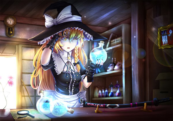 Anime picture 1750x1235 with touhou kirisame marisa mochi (chain csn) single long hair highres breasts blonde hair yellow eyes looking away indoors braid (braids) nail polish parted lips one eye closed sparkle short sleeves puffy sleeves lens flare glowing