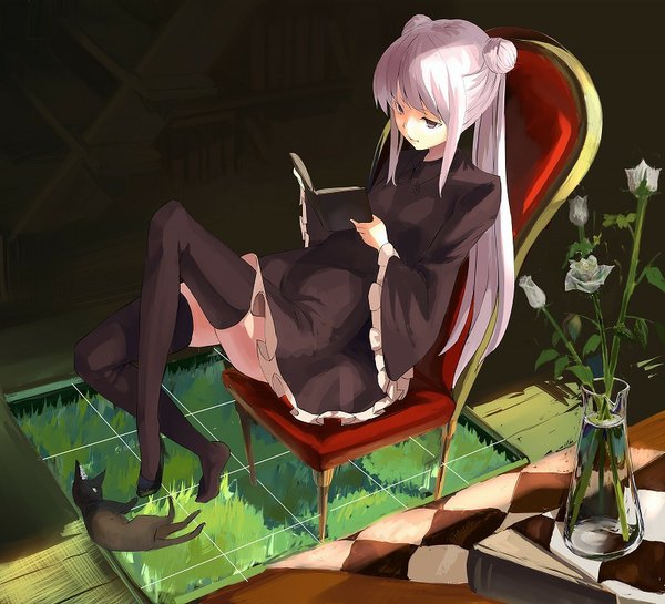 Anime picture 800x727 with touhou patchouli knowledge yasumo (kuusouorbital) single long hair sitting twintails pink hair bent knee (knees) lying pink eyes sunlight hair bun (hair buns) alternate costume no shoes alternate hairstyle checkered transparent reading girl