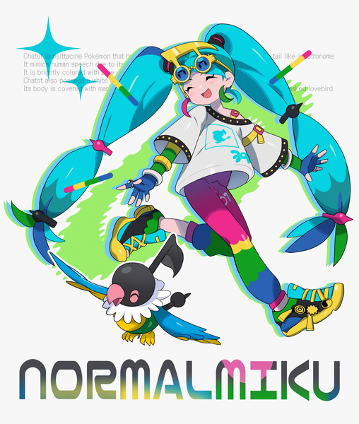 Anime picture 3504x4140 with pokemon vocaloid nintendo project voltage hatsune miku chatot normal miku (project voltage) morizo (morizoshop) single tall image highres white background twintails absurdres eyes closed very long hair off shoulder aqua hair character names text