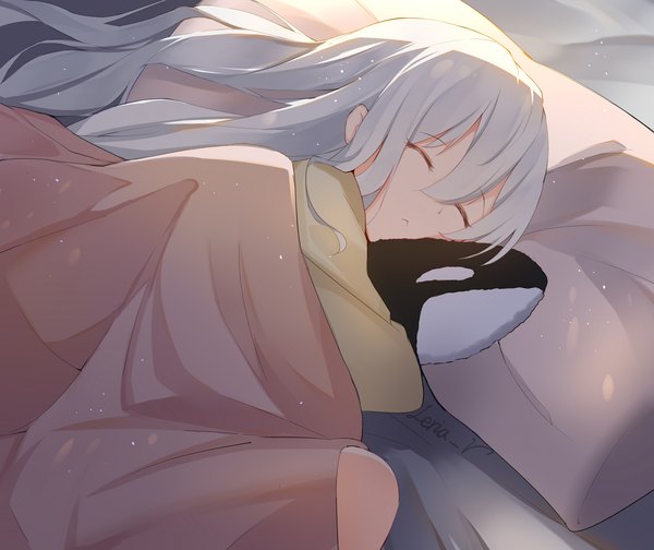Anime picture 1500x1260 with arknights skadi (arknights) leria v single long hair fringe hair between eyes holding signed white hair indoors lying eyes closed alternate costume on side sleeping under covers girl pillow bedsheet