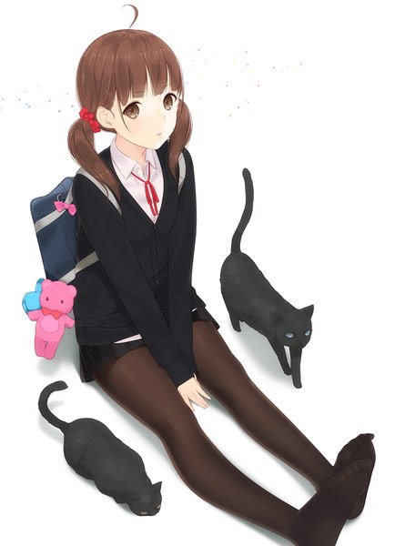 Anime picture 868x1200 with original ama mitsuki single long hair tall image looking at viewer simple background brown hair white background sitting twintails brown eyes ahoge no shoes girl uniform school uniform animal cat school bag