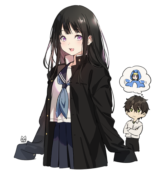 Anime picture 1300x1421 with hyouka kyoto animation chitanda eru oreki houtarou mery (yangmalgage) long hair tall image looking at viewer blush fringe short hair open mouth black hair simple background hair between eyes standing white background purple eyes green eyes signed