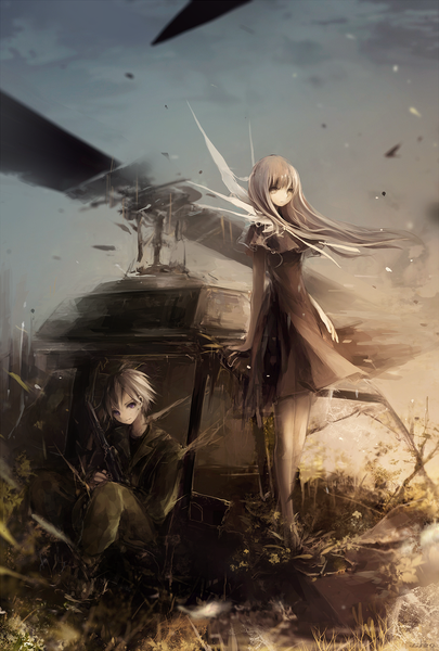 Anime picture 810x1200 with original asahiro long hair tall image looking at viewer short hair blonde hair purple eyes brown eyes signed wind grey hair girl dress boy weapon plant (plants) gun helicopter