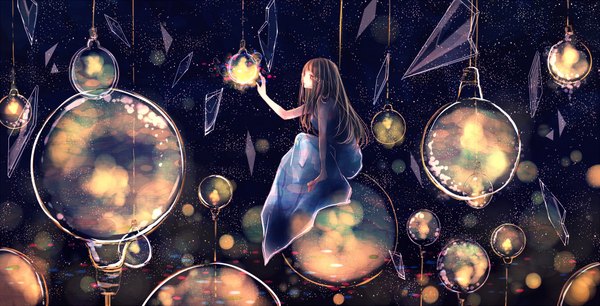 Anime picture 2000x1023 with original ruru (tsuitta) single long hair fringe highres brown hair wide image sitting bare shoulders brown eyes looking away bent knee (knees) night tears light outstretched hand glow dust abstract