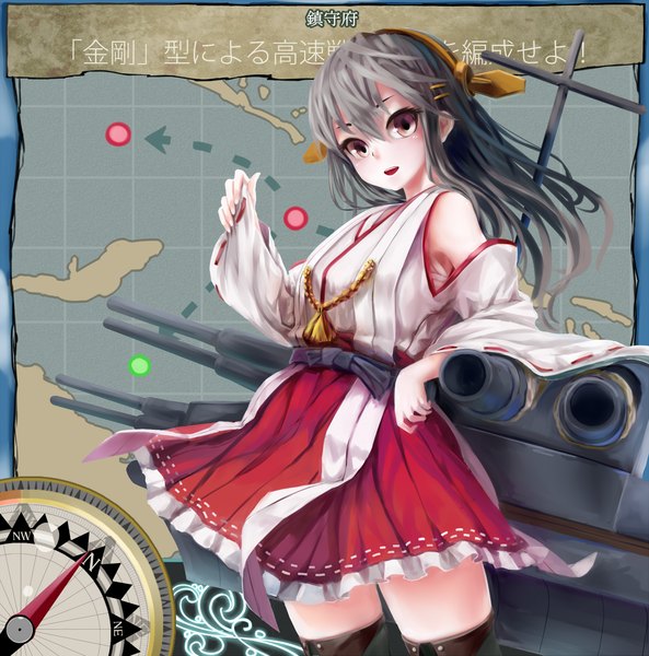 Anime picture 1423x1440 with kantai collection haruna battleship kachayori single long hair tall image looking at viewer open mouth hair between eyes bare shoulders brown eyes wind grey hair inscription girl thighhighs black thighhighs compass