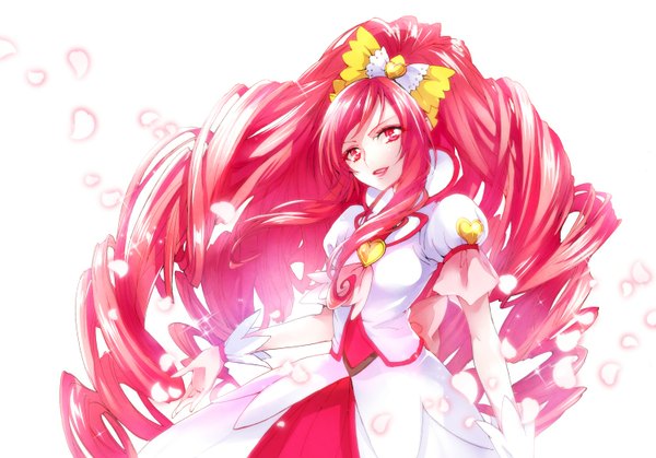 Anime picture 1500x1048 with precure dokidoki! precure toei animation cure ace chiyo (rotsurechiriha) single long hair looking at viewer red eyes white background red hair drill hair girl dress bow hair bow petals