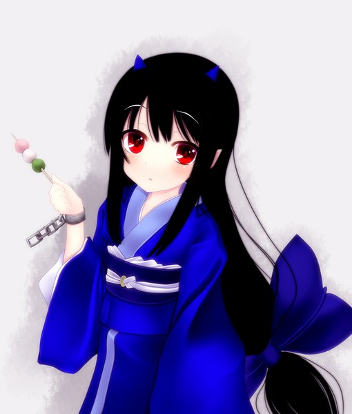 Аниме картинка 1020x1200 с оригинальное изображение kiyomin один (одна) длинные волосы высокое изображение чёрные волосы красные глаза японская одежда рог (рога) девушка бант бант для волос кимоно