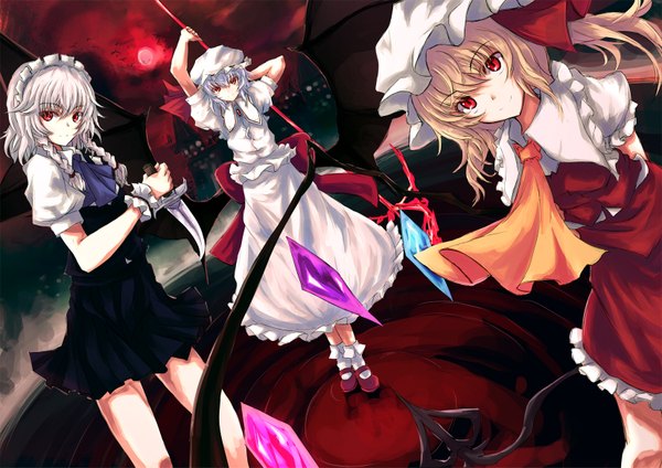 Anime picture 1654x1169 with touhou flandre scarlet remilia scarlet izayoi sakuya asagi shii short hair blonde hair smile red eyes multiple girls blue hair white hair maid one side up bat wings red moon girl dress weapon wings