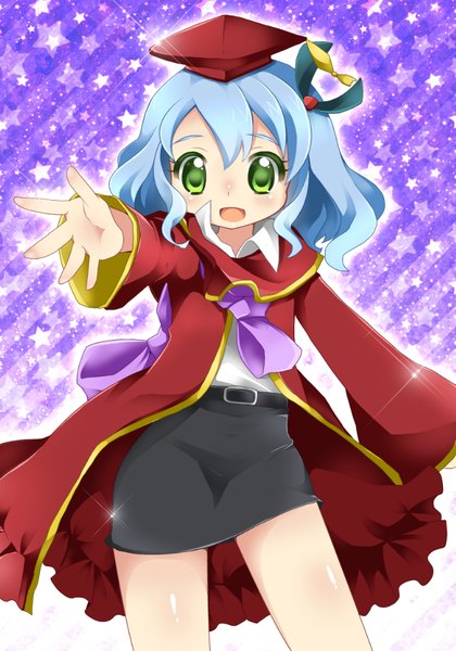 Anime-Bild 700x1000 mit pokemon pokemon xy nintendo blanche (pokemon anime) momosemocha single tall image looking at viewer blush fringe short hair open mouth hair between eyes standing green eyes blue hair :d sparkle outstretched hand girl