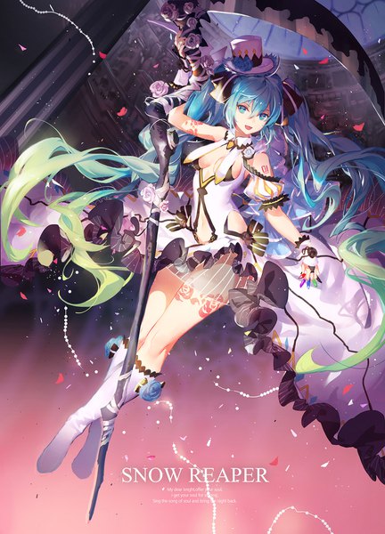 Anime picture 1200x1664 with vocaloid hatsune miku atdan single tall image looking at viewer breasts open mouth twintails very long hair aqua eyes aqua hair girl dress weapon hat petals boots scythe