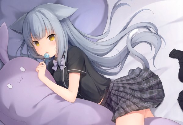 Anime picture 4217x2878 with original nachi single long hair looking at viewer blush fringe highres open mouth holding animal ears yellow eyes payot absurdres tail lying blunt bangs animal tail pleated skirt grey hair