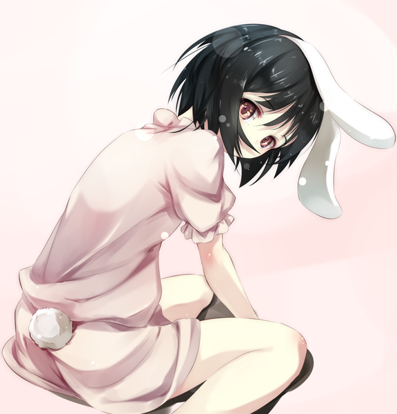 Anime picture 1440x1500 with touhou inaba tewi gorilla (bun0615) single tall image looking at viewer fringe short hair black hair simple background hair between eyes red eyes sitting animal ears tail animal tail bunny ears bunny girl pink background covered mouth
