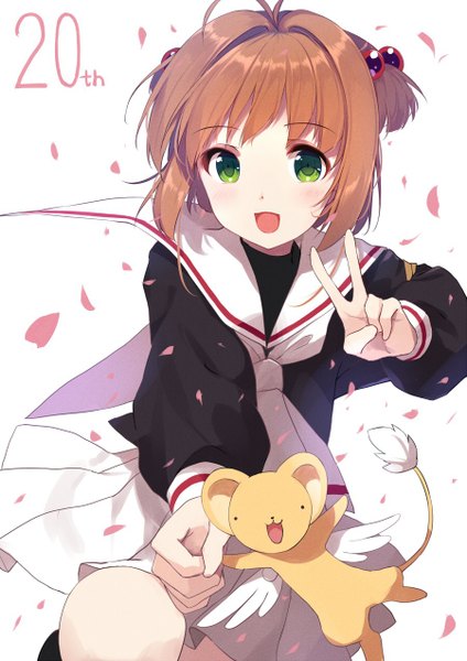 Anime picture 900x1272 with card captor sakura clamp kinomoto sakura kero (cardcaptor sakura) caidychen single tall image looking at viewer blush fringe short hair open mouth simple background brown hair white background green eyes ahoge two side up victory anniversary