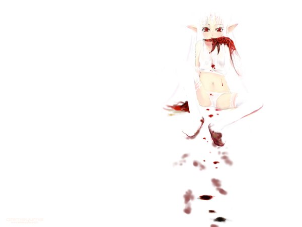 Anime picture 1600x1200 with long hair light erotic red eyes white background pointy ears elf thighhighs underwear panties white thighhighs blood