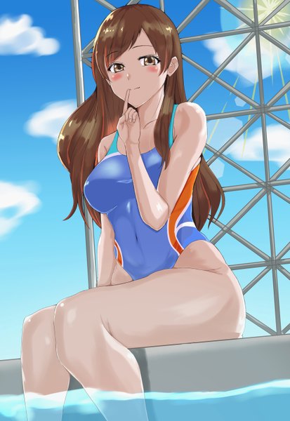 Anime picture 1000x1450 with idolmaster idolmaster cinderella girls idolmaster cinderella girls starlight stage nitta minami yuhica single long hair tall image looking at viewer blush fringe breasts light erotic hair between eyes brown hair large breasts sitting bare shoulders brown eyes sky