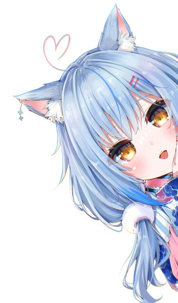 Anime picture 2122x3596 with virtual youtuber hololive yukihana lamy yukihana lamy (2nd costume) kohe billialot single long hair tall image looking at viewer blush highres open mouth simple background white background animal ears yellow eyes blue hair upper body ahoge :d