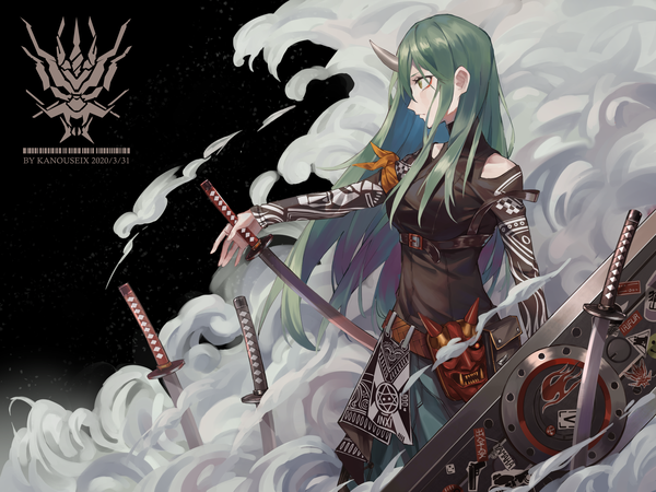 Anime picture 2309x1732 with arknights hoshiguma (arknights) hoshiguma (patrolling ronin) (arknights) kaikaikai single long hair highres standing bare shoulders green eyes looking away profile horn (horns) green hair outstretched arm official alternate costume dated smoke expressionless oni horns