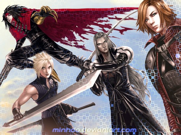 Anime picture 1024x768 with final fantasy vii advent children final fantasy final fantasy vii crisis core final fantasy vii dirge of cerberus final fantasy vii square enix cloud strife sephiroth vincent valentine long hair short hair open mouth black hair blonde hair red eyes green eyes silver hair orange hair realistic gloves