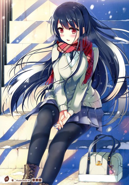 Anime picture 2517x3600 with girls, girls, girls! 10 (artbook) sousouman single long hair tall image blush highres open mouth black hair red eyes sitting scan official art girl skirt uniform school uniform pantyhose scarf sweater
