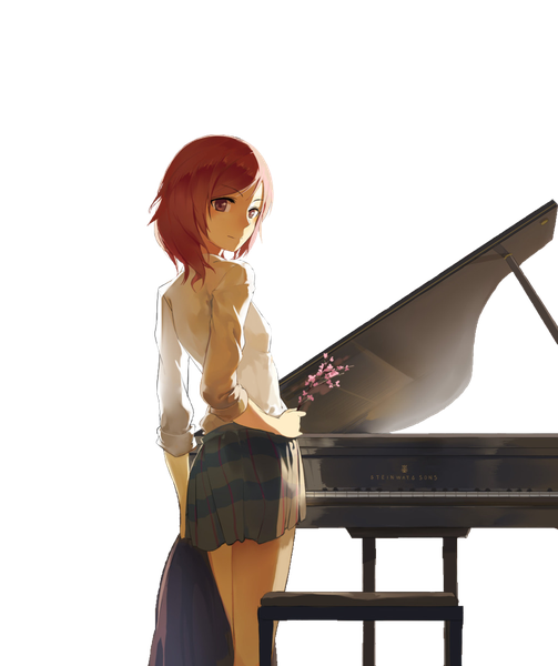 Anime picture 819x976 with love live! school idol project sunrise (studio) love live! nishikino maki huanxiang heitu single long hair tall image looking at viewer purple eyes holding red hair looking back turning head girl skirt flower (flowers) plant (plants) miniskirt shirt