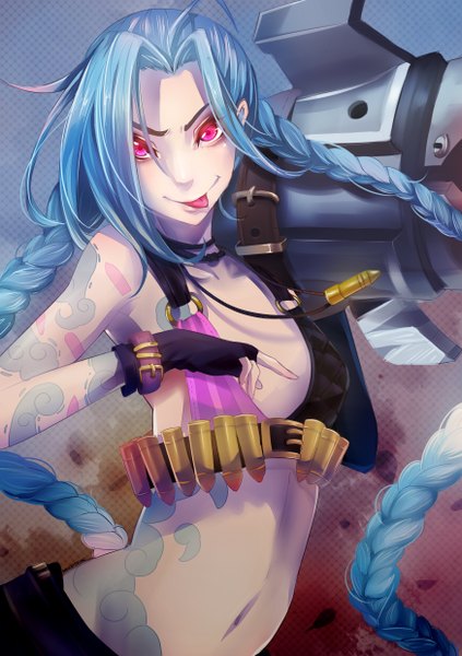Anime picture 1748x2480 with league of legends jinx (league of legends) mst1ng single tall image looking at viewer highres light erotic smile blue hair very long hair pink eyes bare belly tattoo girl gloves weapon tongue fingerless gloves gun